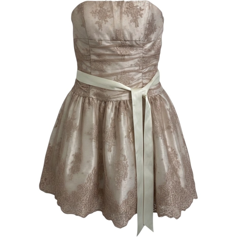 Jessica McClintock Strapless Lace Cocktail Dress Pink Gold Metallic Prom Size 10